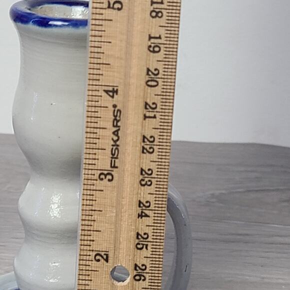 Williamsburg Pottery Salt Glazed Candlestick Holders Blue Leaf Set Of 2 - Picture 7 of 7